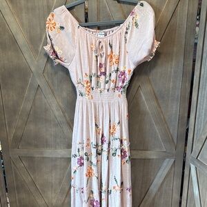 Dusty Pink Floral Embroidered Women's Long Dress